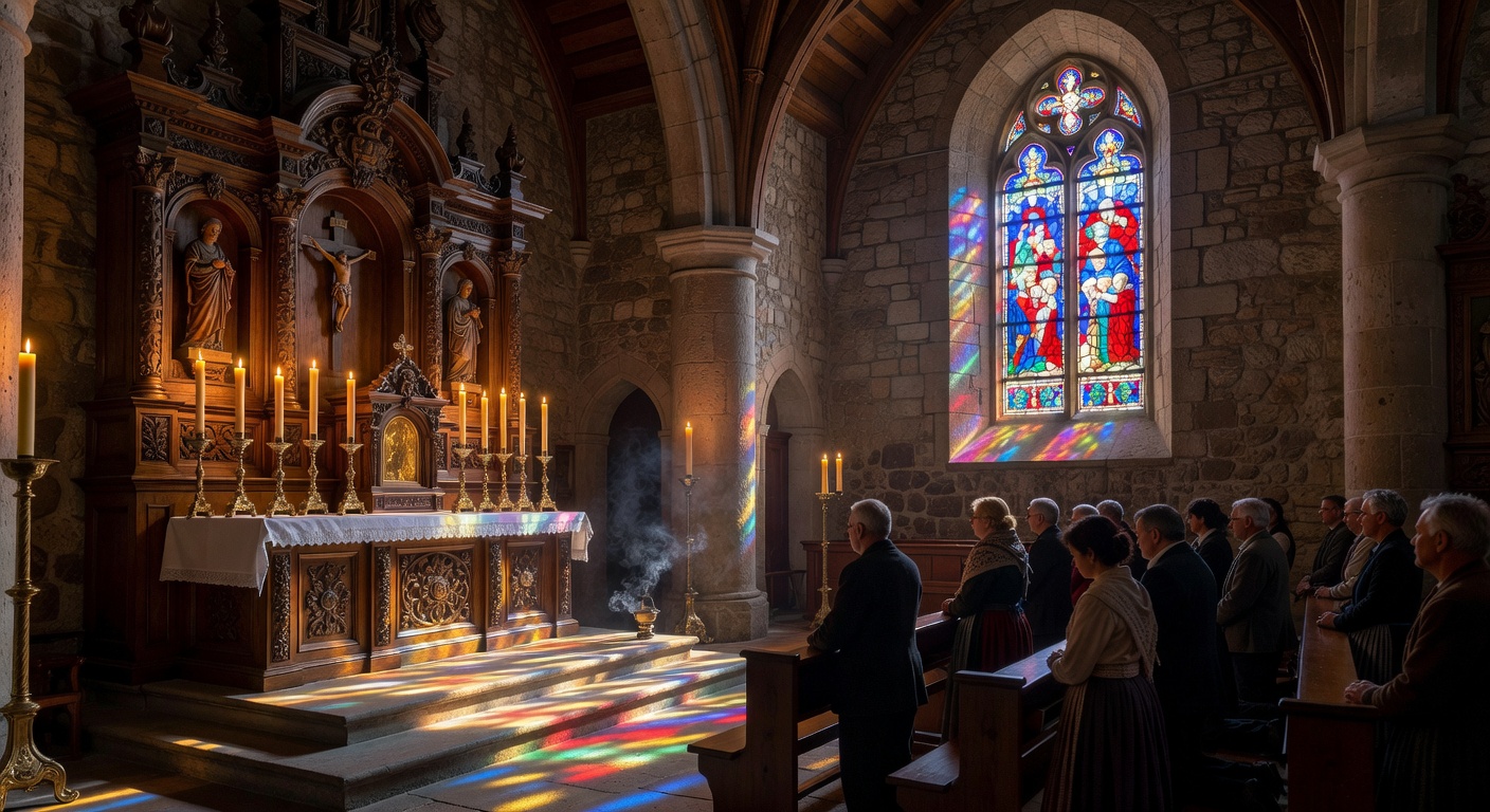 Fonts baptismaux dans une eglise de Savoie, lumiere filtrant a travers un vitrail
