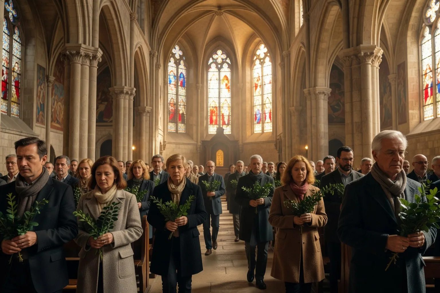 Procession des Rameaux dans une église savoyarde, fidèles tenant des branches de buis bénits, lumière dorée