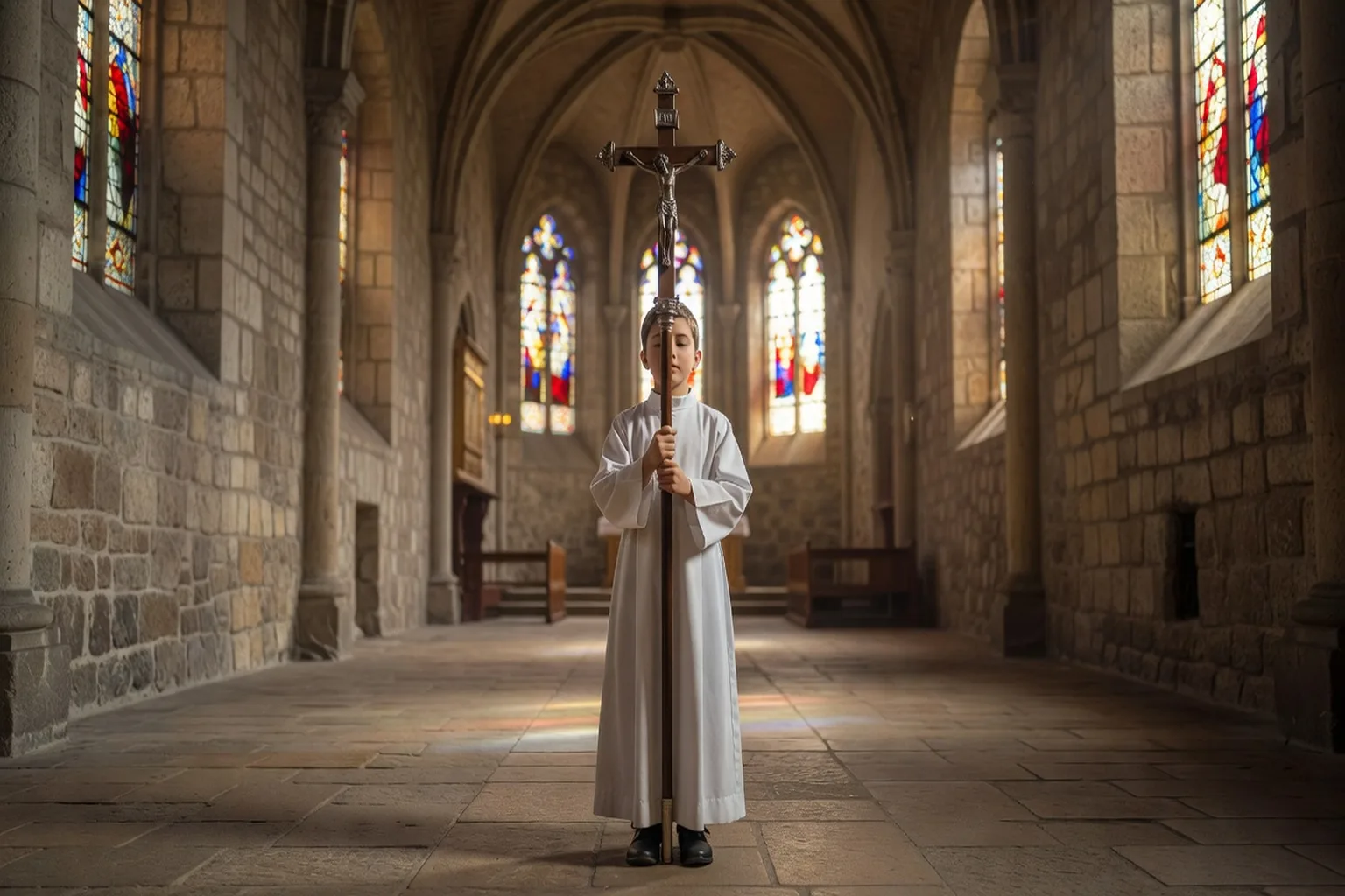 Jeunes servants d'autel en aube blanche portant cierges et croix de procession lors d'une messe dans une église de montagne