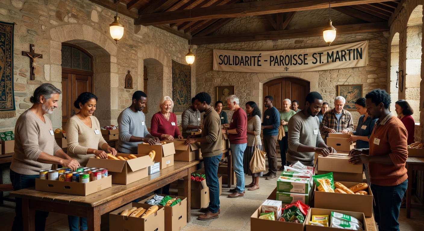 Benevoles paroissiaux distribuant de l'aide alimentaire devant une eglise de Savoie