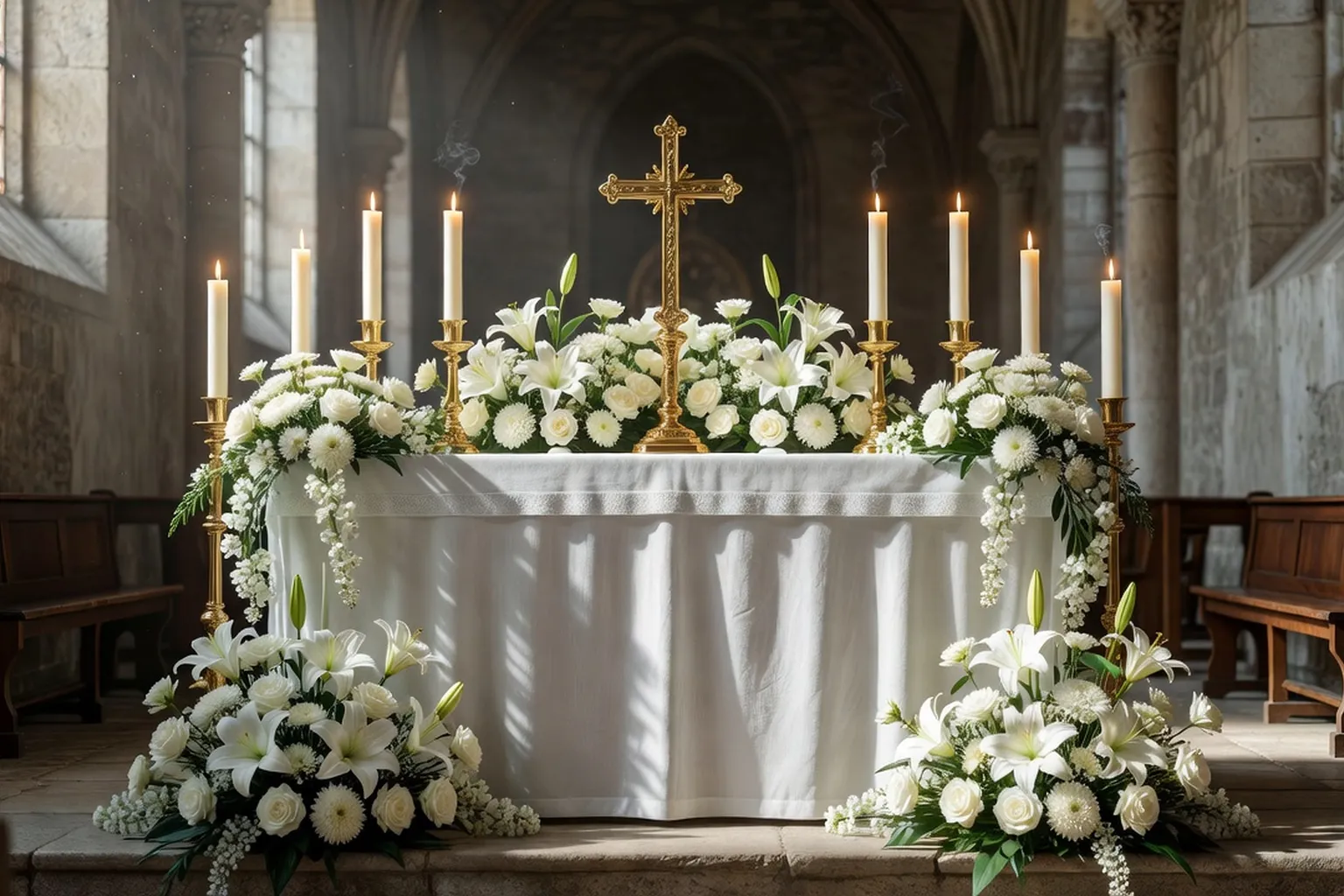 Autel catholique orné de fleurs blanches et de cierges pour une grande fête liturgique, croix dorée, église savoyarde