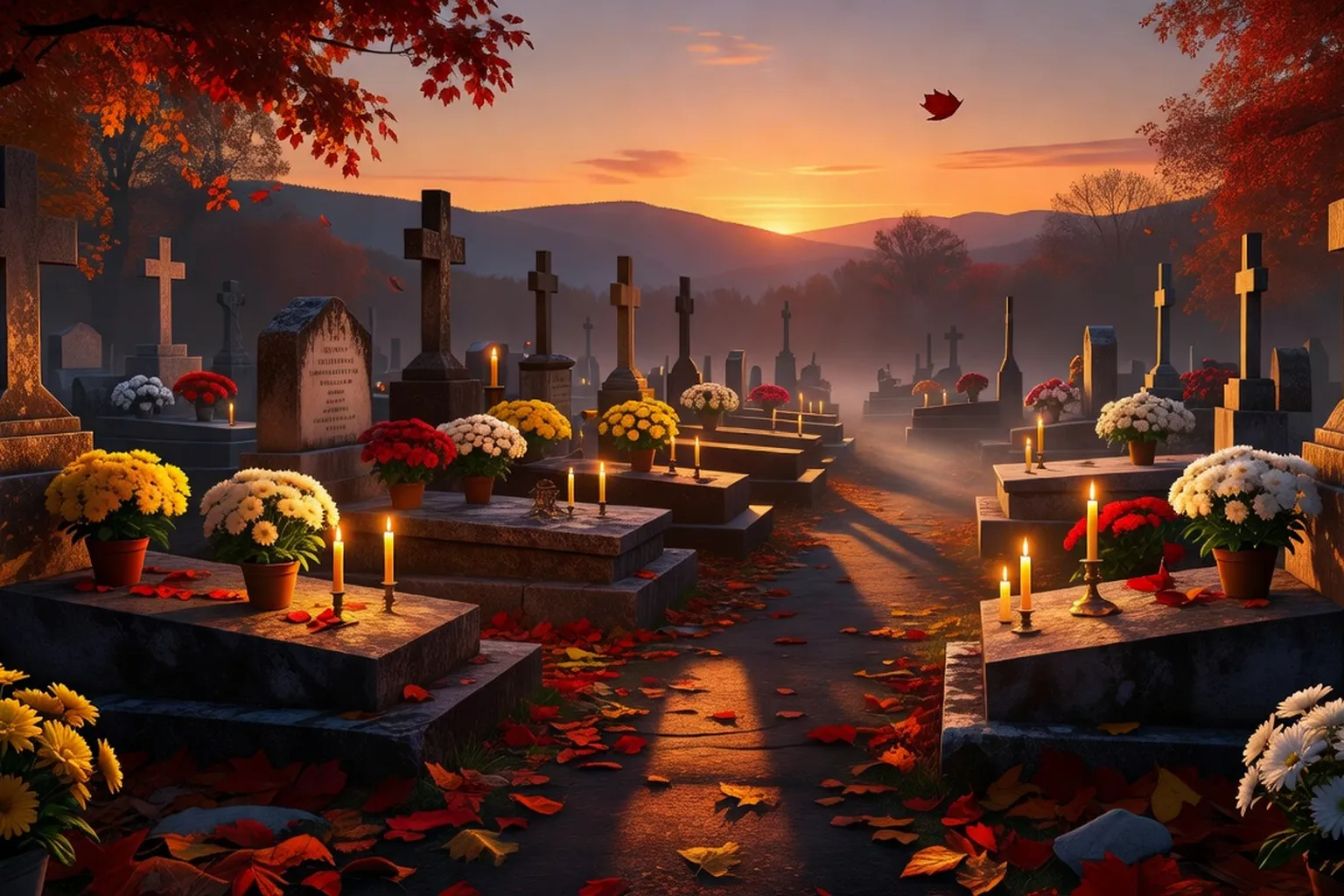 Cimetière catholique savoyard à l'automne avec des cierges allumés et des chrysanthèmes sur les tombes