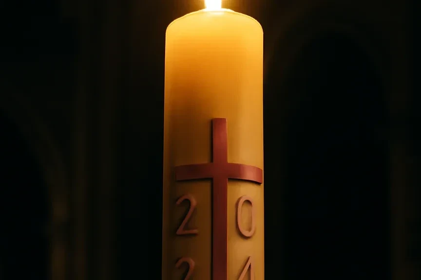 Cierge pascal allumé porté en procession dans une église plongée dans l'obscurité, flammes des cierges des fidèles se propageant