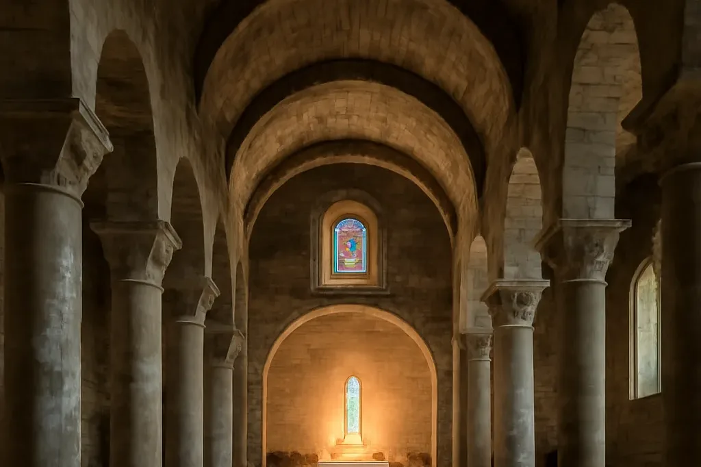 Intérieur d'une église romane savoyarde vue depuis la nef vers le chœur, lumière traversant un vitrail
