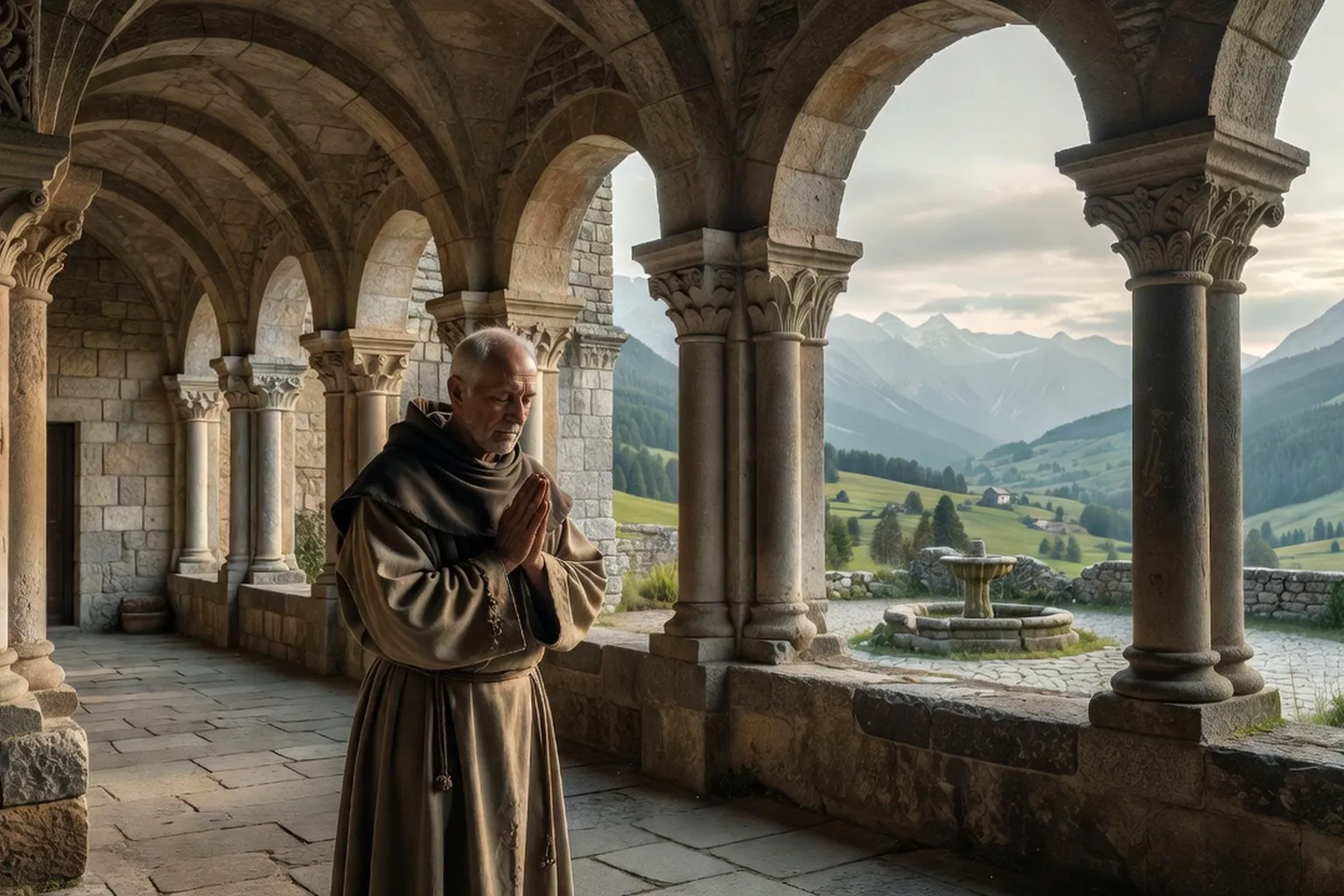 Moine cistercien en habit blanc et noir priant dans le cloître de l'abbaye de Tamié en Savoie, lumière douce du matin